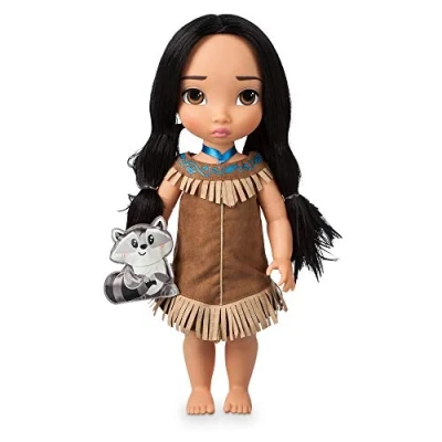 Abbildung von Disney Store Puppe Pocahontas aus der Animator Collection, 39 cm / 15&quot;, echt wirkendes Haar zum Kämmen und Outfit, mit Meeko als Plüschtier Satin, Sammelpuppe geeignet für Kinder ab 3 Jahren