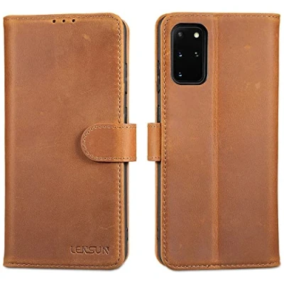 Abbildung von LENSUN Echtleder Hülle für Samsung Galaxy S20 Plus, Handyhülle [Echtes Leder] [Magnetverschluss] [Kartenfach] Handytasche Lederhülle Plus Vintage Braun