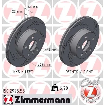 Abbildung von ZIMMERMANN Bremsscheibe BMW: 3 Limousine 294mm 22mm 6/5 5 loch 112mm innenbelüftet, geschlitzt beschichtet hochgekohlt 150.2975.53 34106877211