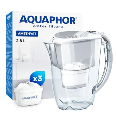 Abbildung von AQUAPHOR Wasserfilter SET Amethyst weiß inkl. 3 Filterkartuschen MAXFOR+, Zubehör für +H hartes Wasser &amp; MAXFOR+ Mg. Magnesium, 200 l, Reduziert Kalk, Chlor weiteren Stoffen. BPA frei