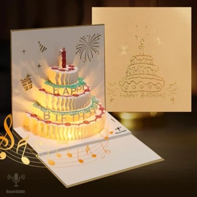 Abbildung von LUZOON 3D Geburtstagskarte, Geburtstagskarte mit leichter und aufnehmbarer Musik, Pop Up auf Geburtstagsgeschenk für Eltern Liebhaber Kinder (Golden)