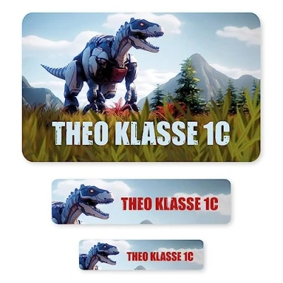 Abbildung von Striefchen® Schuletiketten für Jungen, 100 Stück, personalisiert mit Namen und Wunsch Motiv T Rex Mech