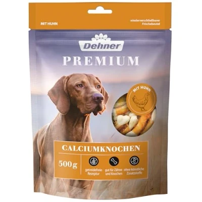 Abbildung von Dehner Premium Hundesnack, Leckerli getreidefrei / fettarm, Calciumknochen für ausgewachsene Hunde, mit Hühnerbrustfilet umwickelt, 500 g