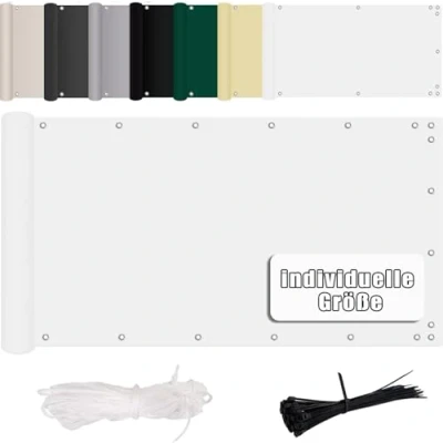 Abbildung von MENGH Sichtschutz für Balkon 60x700cm, Windschutz, Witterungsbeständig und Wasserabweisend, mit Ösen, Nylon Kabelbinder Kordel Gartenzaun Balkonzaun Weiß
