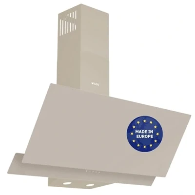 Abbildung von Wiggo A942G Dunstabzugshaube 90cm kopffrei I Abluft Umluft Dunstabzug 626m3/h Touch Display 4 Stufen Energieeffizienzklasse A Schräghaube inkl. 2x Kohlefilter Abzugshaube Glasfront creme