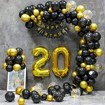 Abbildung von 20 Geburtstag Deko, Frauen Männer,20 Jahre Geburtstagdeko, Girlande Ballon Schwarz Gold Dekoration, Deko Luftballons Birthday Party