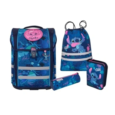 Abbildung von McNeill Schulranzen &quot;Perfecto, Disney, Stitch&quot;, reflektierende Streifen auf den Schultergurten retroreflektierende Flächen, inkl. Federmäppchen, Turnbeutel, Schlamperrolle &amp; Motivmagnet