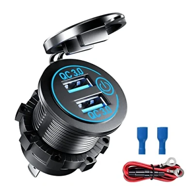 Abbildung von GUNGY USB Steckdose 12V Dual QC 3.0 Auto Ladegerät mit Blau LED Berühren Schalter Zigarettenanzünder Dose Einbaubuchse für 12V/24V KFZ Motorrad LKW Marine