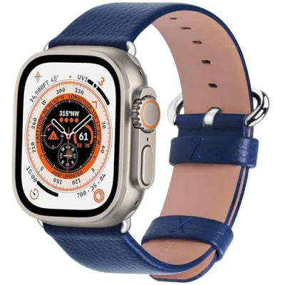 Abbildung von Fullmosa kompatibel mit Apple Watch Armband 45mm Series 9 8 7,Series SE 6/5/4 44mm,Series 3/2/1 42mm, Ultra2/Ultra 49mm, Leder Ersatzarmband für iwatch Band, Dunkelblau
