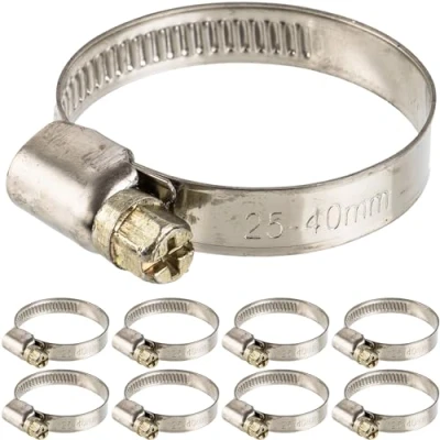 Abbildung von Schlauchschellen mit Schneckenantrieb, 8 Stück, Spannbereich Ø 25 40 mm, für 1 1/4&quot; Schläuche, W2 Stahl, Kreuzschlitz SW 7, 9 mm Bandbreite, zur Fixierung von Waschmaschinen, Spülmaschinen Anschluss