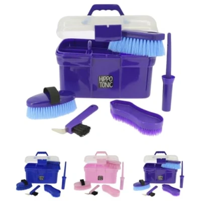 Abbildung von RL24 Kinder Putzbox für Pferde Hippo Tonic Putzkasten mit Hufkratzer, Hufpinsel, Kardätsche &amp; Pferdebürsten Putzkiste in Violett Putzkoffer Pferdepflege Set 5 teilig