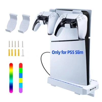 Abbildung von Tolesum RGB Wandhalterung für PS5 Slim Konsole,Tragkraft bis10 KG Ständer mit Headset Halter &amp; 3 USB Hubs Controller Ladestation,Halterung Wand Playstation 5 Disc Digital