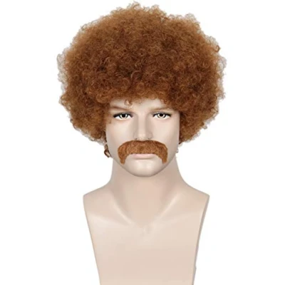 Abbildung von Linfairy Short 80er Kostüme Herren Disco Dirt Bag Perücke &amp; Schnurrbart Halloween Cosplay Kostüm Curly