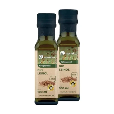 Abbildung von manako BIO Leinöl human, kaltgepresst und 100% rein, 2 x 100 ml Glasflaschen