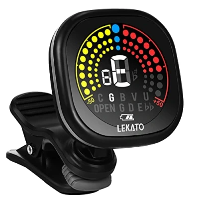 Abbildung von Gitarren Stimmgerät, LEKATO Wiederaufladbares Clip On Stimmgerät mit LED Farbdisplay, Chromatisches für Gitarre, Violine, Bass Ukulele und chromatische Stimmmodi (Wiederaufladbar)