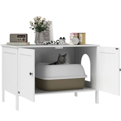 Abbildung von PawHut Katzenklo Schrank Katzenhaus mit Tür Trennwand Katzentoilette Katzenschrank für große Katzen Beistelltisch Katzenhöhle 80 x 51 54 cm Weiß