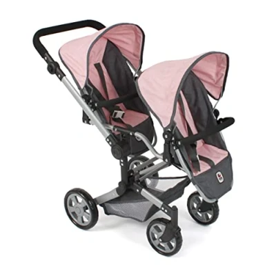 Abbildung von CHIC2000 Puppen Zwillingsbuggy Linus Duo, Grau Rosa, mit zwei abnehmbaren, bis in Liegeposition verstellbaren Sportsitzen