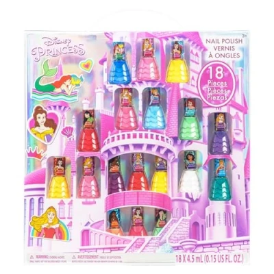Abbildung von 18 teiliges Set mit Nagellack für Kinder, wasserbasiert, schnell trocknend und abziehbar, perfekt Partys Pyjamapartys, Kinder ab 3 Jahren, von Townley Girl (Disney Princess Castle bottle)