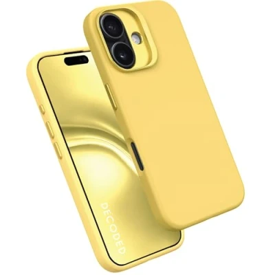 Abbildung von DECODED Silikonhülle für iPhone 16, MagSafe kompatibel, Premium Liquid Soft Touch Material, Ganzkörper Schutzhülle, erhöhte Kanten zum Schutz von Bildschirm und Kamera, Popcorngelb