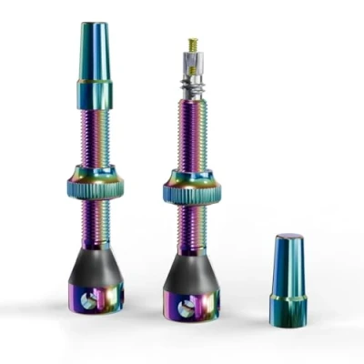 Abbildung von Shredr. Tubeless Ventile Set, oilslick Presta für Schlauchlos Reifen Superleichtes Alu, Rainbow eloxiert, französisches Ventil 44mm Normale Felgen