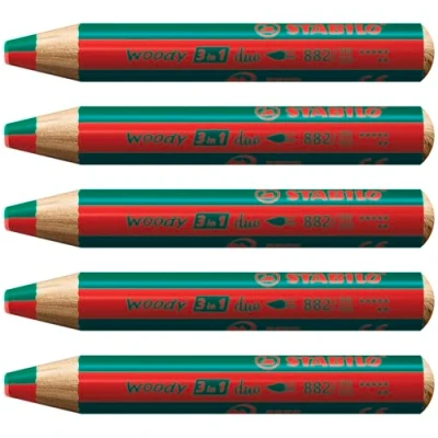 Abbildung von duo Buntstift, Wasserfarbe &amp; Wachsmalkreide STABILO woody 3 in 1 zweifarbige Mine 5er Pack STABILOrot/dunkelgrün