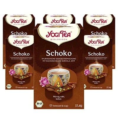 Abbildung von Yogi Tea Schoko, Ayurvedischer Bio Gewürztee Schokoladengeschmack, Mischung aus Kakao, Lakritz und Zimt, Tee 6er Pack, 6x17 Beutel (102 Teebeutel insgesamt), Ideal als Geschenk