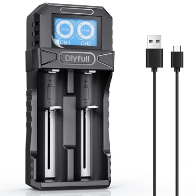Abbildung von Dlyfull 18650 Ladegerät, Universal Akku Ladegerät für 3,7 V Li Ion Akku, Tragbares USB C Batterieladegerät mit LCD Display 21700 26650 18500 18350 17670 17500 16340 ect. 2 Fach