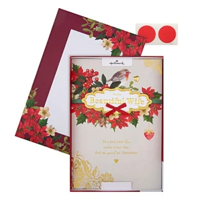 Abbildung von Hallmark Weihnachtskarte für die Frau, traditionelles Rotkehlchen und Blatt Design