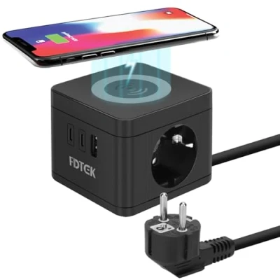 Abbildung von Steckdosenwürfel mit USB Steckdosenleiste Induktiver Ladefunktion Mehrfachsteckdose 2 Fach Steckdose Wireless Ladengerät Mehrfachstecker 2500W/10A 1.5M Kabel Inklusive Steckerteil