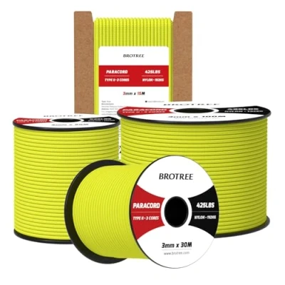 Abbildung von Brotree Paracord 3mm 30M 100% Nylon Seil Schnur Typ II 425 mit 3 Kern für Survival, Outdoor, Armband, Basteln Bruchlast 192kg (Neon Gelb)