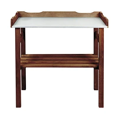 Abbildung von mgc24® Pflanztisch mit verzinkter Arbeitsplatte 78x38x82cm aus Kiefernholz Dunkelbraun, Abstellboden / 3 Haken für Garten Balkon Terrasse