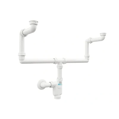 Abbildung von Aqua Bagno Siphon Raumsparsiphon für Doppelwaschbecken, G1 1/4&quot; 40mm, flexibel, (Geruchsverschluss, 11 tlg., universell einsetzbar), mit Reinigungöffnung platzsparende Lösung