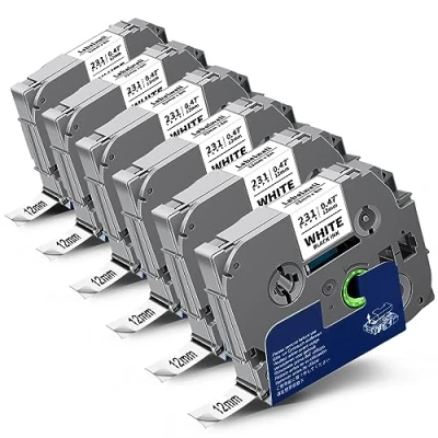 Abbildung von 6x kompatibel für TZe 231 TZ 12mm Tape 0.47 Laminated Schriftband Brother Ptouch Beschriftungsgerät PT H107B H100LB H105WB D210 H110 1000 D400 P710BT E100 TZe231 TZ231 Schwarz auf Weiß Bänder