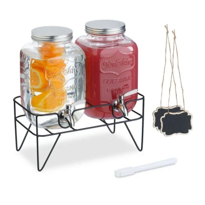 Abbildung von Relaxdays Getränkespender mit Ständer, 2 Limobehälter je 4L, Zapfhahn aus Edelstahl, Glas Wasserspender, transparent