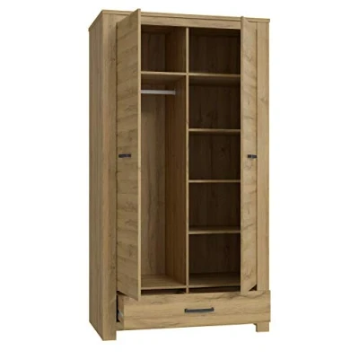 Abbildung von FORTE HAVANNA Schrank 100 110, Kleiderschrank, Drehtürenschrank Klassisch, 2 türig, 1 Schublade, Einlegeböden und Kleiderstange, Holzdekor: Alteiche, 107 cm breit x 198 hoch 60 tief