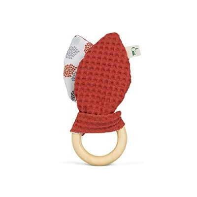 Abbildung von GRÜNSPECHT Bio Greifring mit Hasenohren, Holzring waschbaren Stoffohren aus 100% Baumwolle (kbA), für Greifsinn &amp; Tastsinn, Geschenk Spielzeug Baby, rot (696 V2)