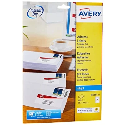 Abbildung von AVERY 360 selbstklebende Adressetiketten, personalisierbar, bedruckbar, weiß, Format 63,5 x 33,9 mm, Tintenstrahldrucker, (J8159 15)