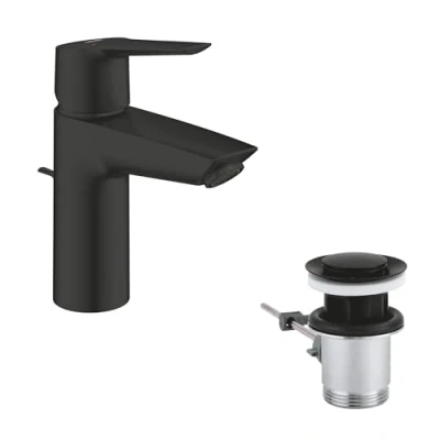 Abbildung von GROHE Start, wassersparende Badarmatur (17cm hoch, mit Zugstangen Ablauf, Wasserhahn Montagewerkzeug), matt schwarz, 242092432