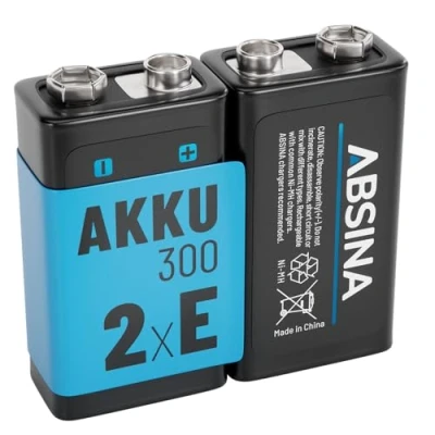 Abbildung von ABSINA 2X 9V Akku Block wiederaufladbar 300 mit geringer Selbstentladung Blockbatterie NiMH min. 270mAh &amp; 8,4V E Batterie, wiederaufladbar, Batterie