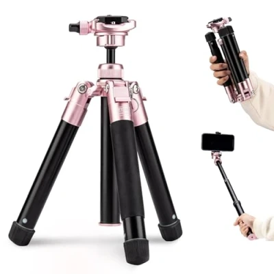 Abbildung von Fotopro Mini Stativ, 152,4 cm, leicht, kompakt, Reisestativ mit 360 Grad Kugelkopf Handyhalterung, abnehmbarer Selfie Stick, Kamera Handy maximale Belastung bis zu 4 kg, Rosa