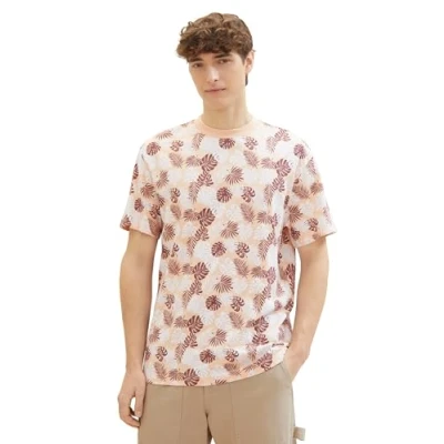 Abbildung von Tom Tailor Denim Herren Relaxed T Shirt mit Allover Print, 34829 Peach Multicolor Leaves S