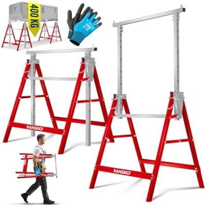 Abbildung von MASKO® Teleskop Arbeitsbock Untergestell 8 er Set Klappbock max. Belastbarkeit 200 kg Unterstellbock höhenverstellbar Min. / Arbeitshöhe 800 1300 mm Gerüstbock inkl. Handschuhe Rot