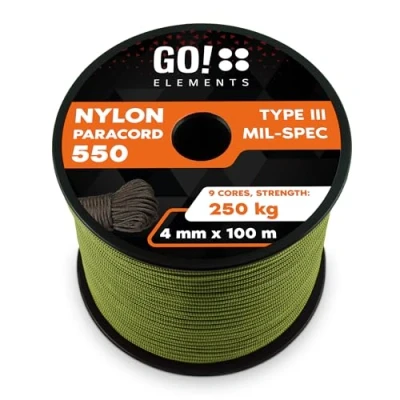 Abbildung von GO!elements 100m Paracord Seil aus reißfester Nylonschnur 4mm 550 Typ III Schnur geeignet als Allzweckseil &amp; Reepschnur Max. 250kg, Farbe: Oliv