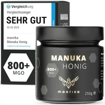 Abbildung von maorika Manuka Honig 800 MGO + 250g im Glas (lichtundurchlässig, kein Plastik) laborgeprüft, zertifiziert aus Neuseeland