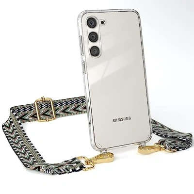 Abbildung von EAZY CASE Handykette Verstellbarer Handyriemen kompatibel mit Samsung Galaxy S23 Plus, Kette für Phone, dünner Riemen, Taschengurt Hülle, DIY Handyband, Grün/Schwarz Karabiner Gold