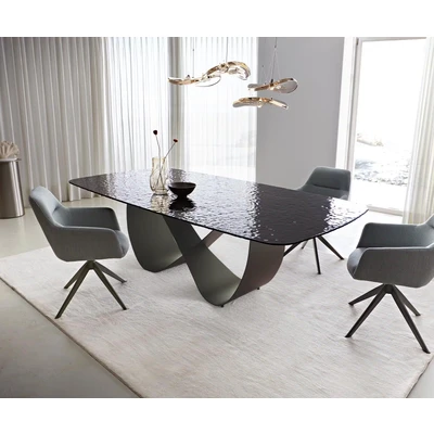 Abbildung von Esstisch Edge Boot 240x120 Reliefglas Rauchschwarz 3D Design Infinity Metall Effektfinish Titan