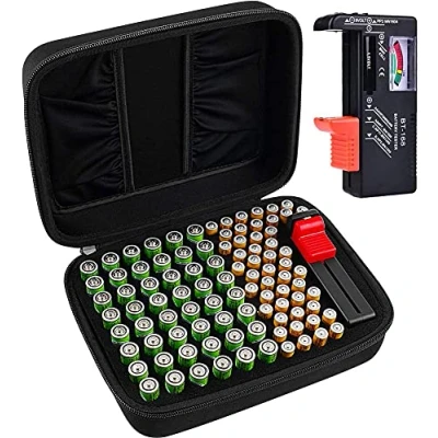 Abbildung von COMECASE Batterie Aufbewahrungsbox Tragetasche Batteriebox für 48 x AAA insgesamt 96 Batterien mit Batterieprüfgerät, zusätzliche 2 Taschen anderes Zubehör