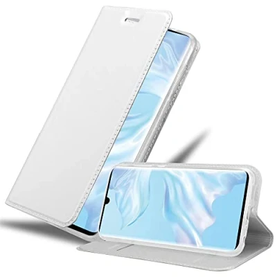 Abbildung von Cadorabo Hülle kompatibel mit Huawei P30 PRO aus Premium Kunst Leder Flip Klappbare Stoßfeste Magnetische [Standfunktion] [Kartenfächern] Cover für Tasche in Silber