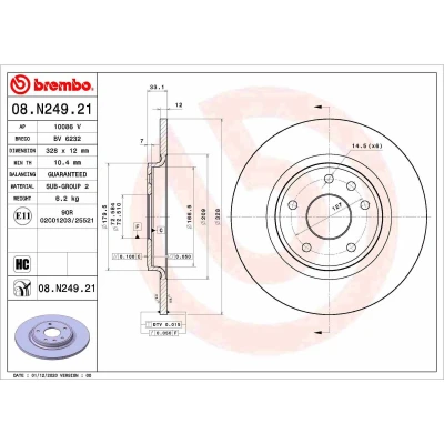 Abbildung von BREMBO 08.N249.21 Bremsscheibe 328 12 6 voll beschichtet hochgekohlt LANCIA: Voyager, DODGE: Journey MPV, CHRYSLER: GRAND 5OYAGER 5