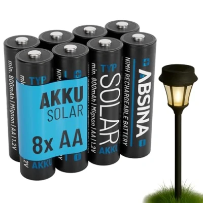 Abbildung von ABSINA 8X Solar Akku AA wiederaufladbar 800mAh 1.2V NiMH Mignon Batterien für Solarleuchten Solarakkus mit geriner Selbstentladung Batterie, Akkus Solarlampen